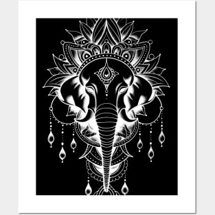 Thai Elephant Tattoo 2: Thai Sak Yant Chang Erawan (Elephant) Tattoo Design on a Dark Background Posters and Art